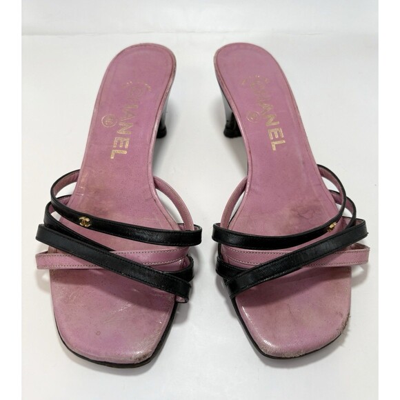 Chanel Mules Pink & Black Kitten Heel Gold CC Logo Strappy Y2K Size EU 36 6 - Picture 1 of 12